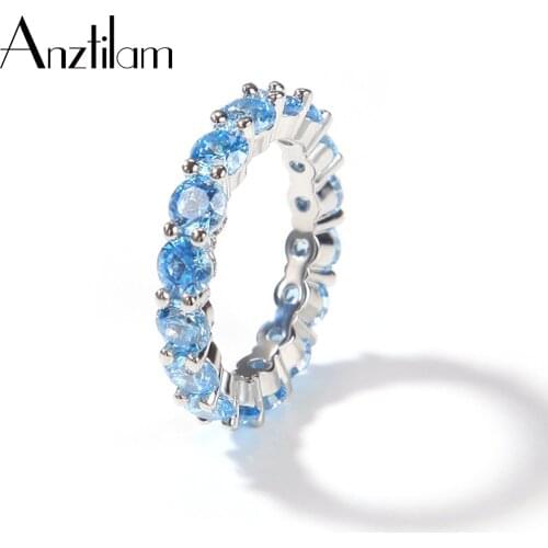 Hip Hop Claw Set AAA Cubic Zirconia 1 Row Blue Zircon Stone Bling Iced Out Tennis Rings For Women Men Rapper Jewelry
