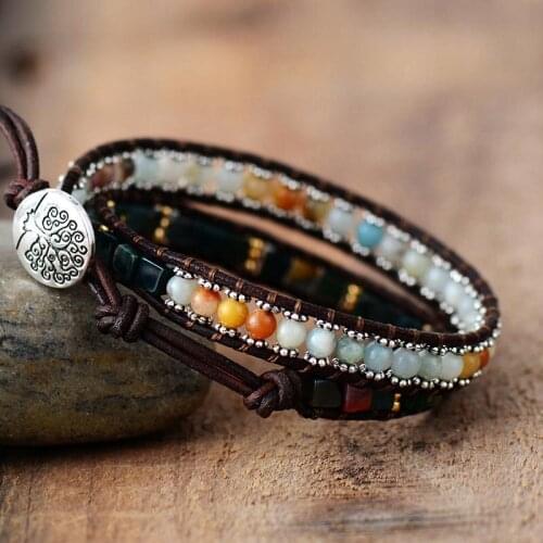 Vintage Leather Bracelets New Amazonite Onyx 2 Strands Wrap Bracelets Handmade Woven Boho Bead Bracelet Dropshipping