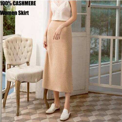 Pure 100 cashmere skirt women Autumn and winter new high waist Striped knitted elastic waist split step skirt