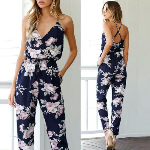 Women Ladies Playsuit Party Jumpsuit V Neck Floral Bandge Romper High Waist Long Trousers Pants Clubwear Summer