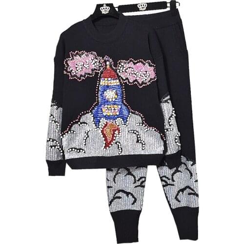 Spring Autumn Tracksuit Women Fashion Sequins Beaded Letter Loose Knitted Pullover Sweater + Casual Pants 2 Piece Set Women H729