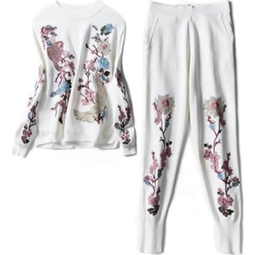 Autumn Womens Sweater Sets Top+Long Pants Knitted Tracksuit Sweat Suit Winter Embroidery 2 Two Piece Set Women High Quality