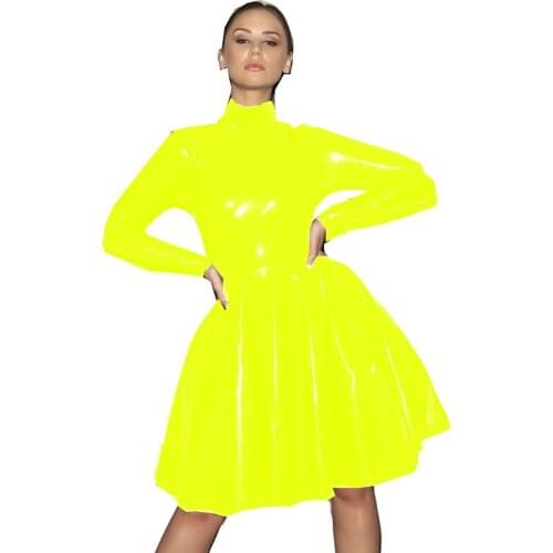 Slim Pleated Plaid Vinyl Dress for Women High Waist Elegant A-line PVC Dress Gothic High Neck Long Sleeve Back Zipper Dress