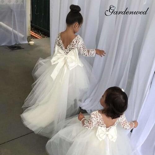 Gardenwed 2020 Puffy Elegant Flower Girl Dresses Baby Mermaid Tail Backless Communion Dress Tulle Lace Appliques Long Ball Gown