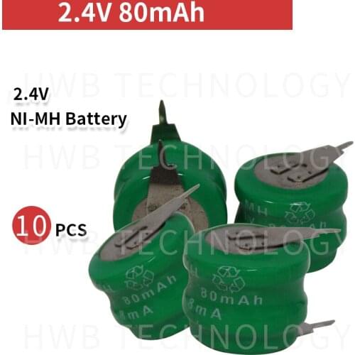 10 PCS/lot Original New 2.4V 80mAh Ni-MH Rechargeable Button Cell Battery Ni MH Batteries With Pins Free Shipping
