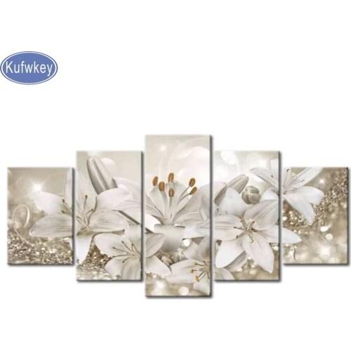 Best Stylish Square Diamond Embroidery 5 Pieces white lily 5d diy diamond Painting by Numbers Wall Art Pictures Mosaic flower