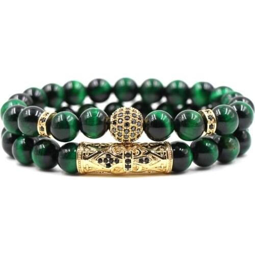 8mm 2PCS/Set he2 elastic adjusted nature green Tigereye bead micro pave cz zircon cubic zirconia Copper Bangles Bracelet