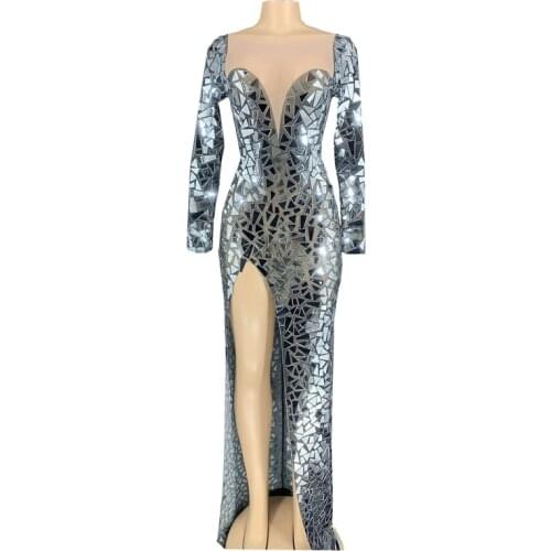 Sparkly Mirror Mesh Transparent Split Long Dress Women Birthday Evening Celebrate Outfit Prom Party Dress Bar Singer Stage Dress