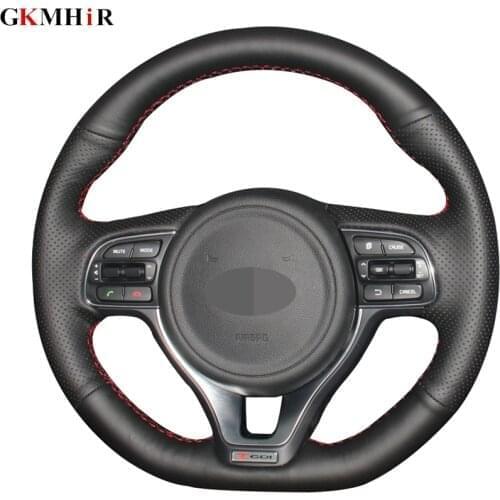 DIY Hand-stitched Black Genuine Leather Car Steering Wheel Cover for Sportage KX5 2016-2019 Kia K5 Optima 2016-2018