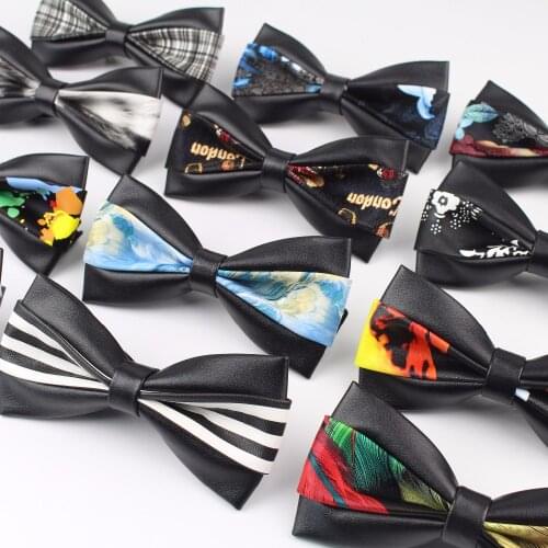 Two Side Classic PU Pattern Leather Ties Butterfly Party Bowtie Black Plush Noble Bow Tie