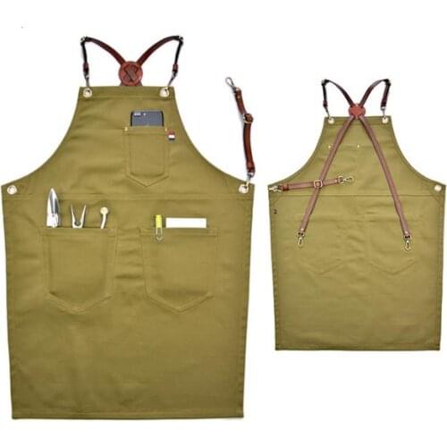 Kitchen Waiter Apron Denim Bib Apron Leather Strap Barista Coffee Chef Uniform Tattoo Shop Carpenter Hairdresser Barber Workwear