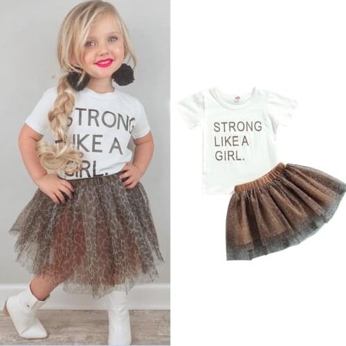 FOCUSNORM 2-7Y Fashion Kids Girls Summer Clothes Sets Letter Printed T Shirts Tops Leopard Lace Tutu Skirts