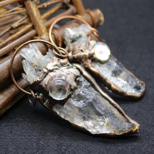 Retro Jewelry Unisex White Crystal Big Pendants Men Distressed Natural Copper Necklace Accessories Natural Quartz Geode Stones