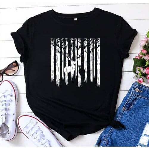 Summer Cotton 100% T Shirt Women Short Sleeve Plus Size Forest Deer Print Female Casual Graphic Clothes Ladies Vintage Tees Tops