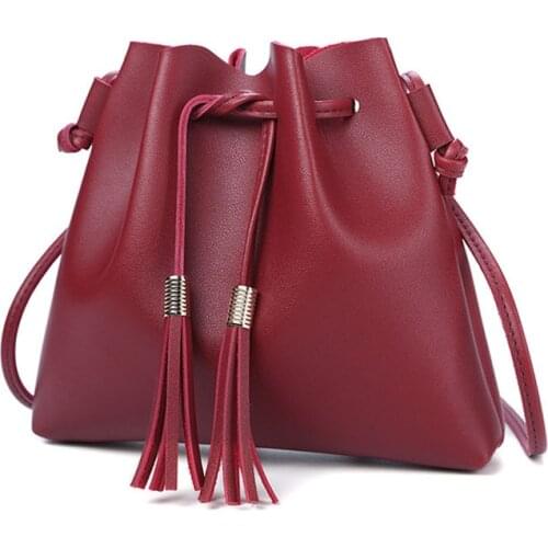 Fashion String Bucket Bag For Women PU Leather Small Handbag Female Tassel Purse Shoulder Crossbody Bags sac main femme XA516H