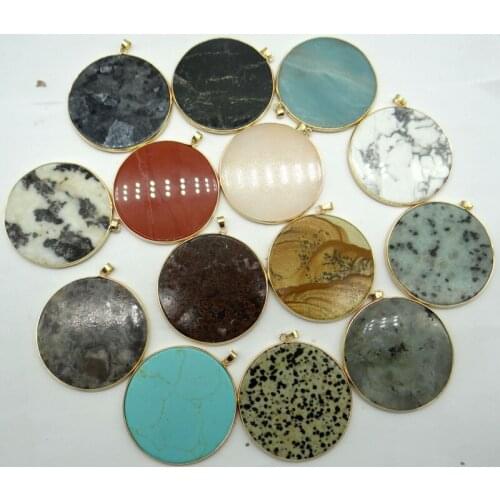 Natural stone tiger eye Quartz Crystal Turquoises aventurine Round cake pendant for diy Jewelry making necklace Accessories6PCS