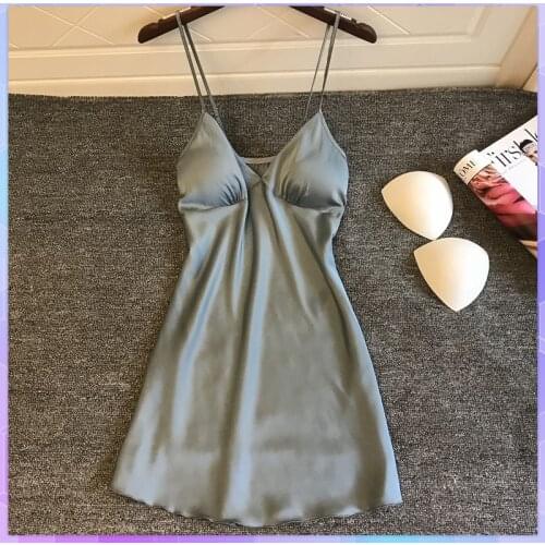Sexy Ice Silk Satin Night Dress Women Nighties V-Neck Nightgown Summer Thin Sleepwear Nightgown Nightwear Chest Pad Sleepshirts