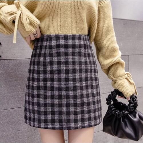 New High Waist A-line Woolen Mini Skirts Womens Fashion Plaid Wool Package Hip Skirt Korean Style Female Casual Short Jupe