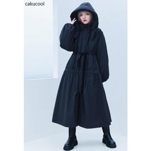 Cakucool 2021 new dark style detachable hooded waist thickened cotton dress womens winter loose medium length cotton coat