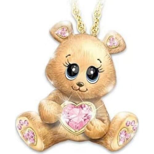New Necklace For Women Cute Animal Teddy Bear Rhinestone Dripping Oil Jewelry Pendant Necklaces Female Charm Jewelry Gift