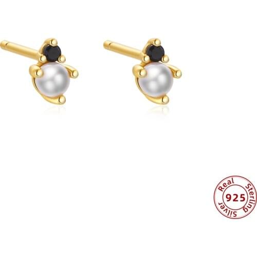 Charm Gold Color Small Earrings with CZ Crystal Stone Pearl Ear Studs for Women Girls 925 Sterling Silver Fine Jewelry