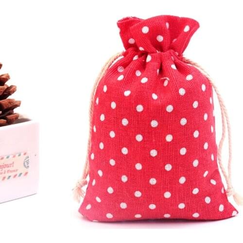 Wholesale 50pcs/lot Dots Design Red Cotton Bags 10x14cm Small Wedding Linen Gift Bag Cute Charms Jewelry Packaging Bags Pouches