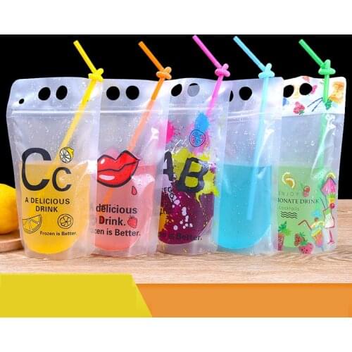 100 Pack New Design 7Style 450ML Plastic Drink Packaging Bag Pouch for Beverage Juice Milk Coffeewith Handle and Holes for Straw