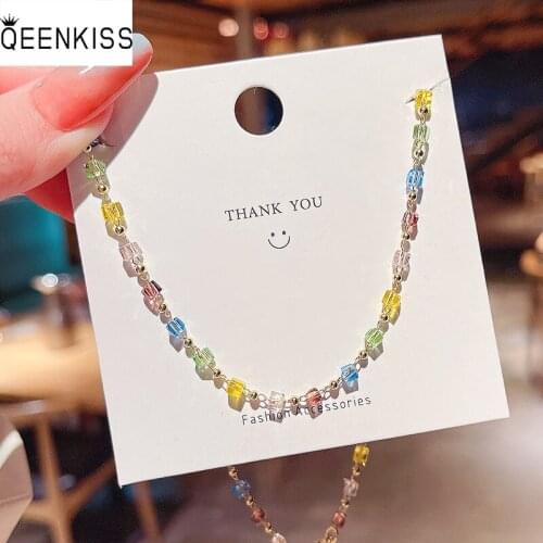 QEENKISS NC759 Fine Jewelry Wholesale Fashion Trendy Woman Birthday Wedding Gift Color Square Zircon 18KT Gold Pendant Necklace
