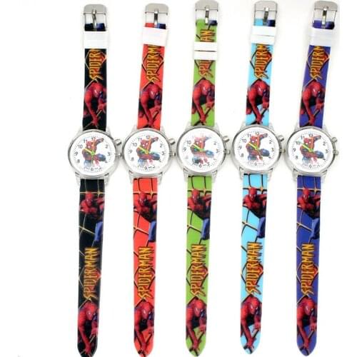Marvel Spiderman Childrens plastic shell led flash leather watch lovely Cartoons Childrens Luminous Quartz Watch Toy watch