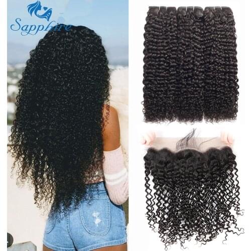 Sapphire Kinky Curly Bundles With Frontal Brazilian Hair Frontal With Bundles Human Hair Natural Color 3 Bundles With Frontal