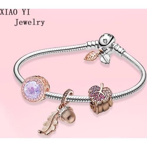 XIAOYI jewelry 100% s925 11 Charm pandoras rose gold leaf acorn with deciduous gem bracelet female gentle beautiful