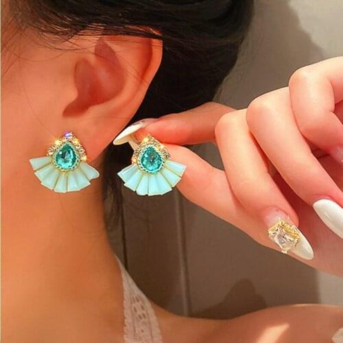 South Korea Ins Earrings Irregular Green Red Crystal Drop Scalloped Earring Retro Temperament Women Dangle 925 Silver Needle NEW