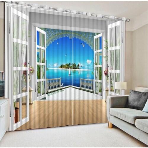Window Blackout 3D Curtain set For Bed room Living room Office Hotel Home Wall Decorative Sea view island Beautiful Phot Curtain