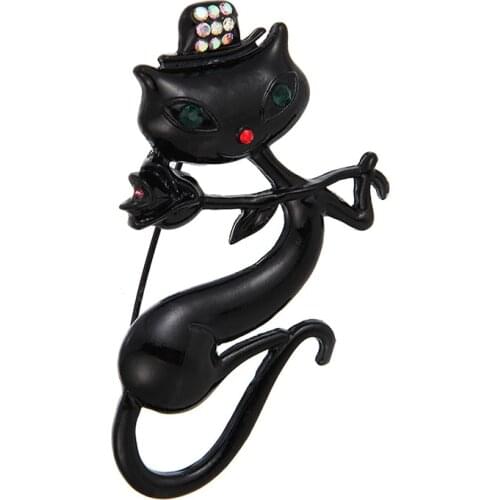 7 Styles Super Cute Kitten Cat Eye Stone Brooch Long Tail Black Cats Brooches Elegant Rhinestone Animal Pin Fashion Bijouterie