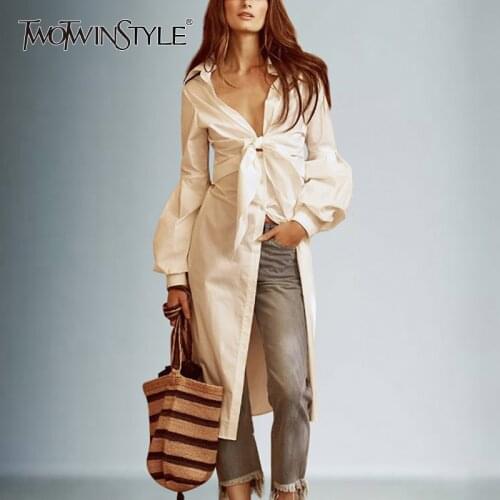 TWOTWINSTYLE Bow Long Shirts Female Lace Up Tunic Deep V Necck Lantern Sleeve White Shirt 2020 Spring Sexy Fashion Clothing