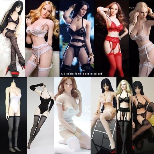 1/6 Female Figure Black White Red Tight Underwear Panty Suspender Bikini Lace Bra Sling Stocking Set for 12 inch Action Figure