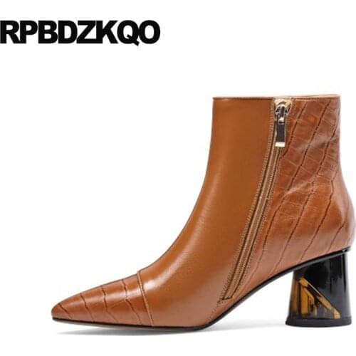 Autumn Chunky Stud Brown Booties High Heel Rivet Ankle Boots Studded Size 34 Metal Quality Pointed Toe Luxury Brand Shoes Women