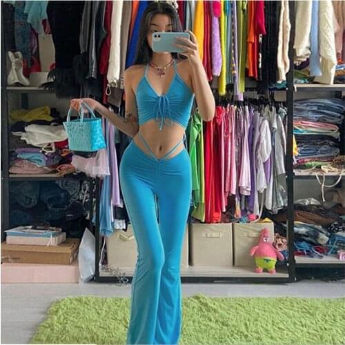 Lace Up Trouser Suits Summer Sexy Halter Suits Pleat Shirring Two Piece Sets Women Short Tops Pants Club Solid Skinny Suits