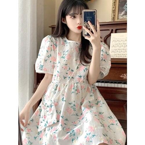 Sannian Women Dresses Sweet Floral Bubble Sleeve Dress Women Summer 2021 New Tied Waist Temperament Dress Send Shoulder Bag
