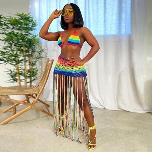 2Pcs Women Beach Outfit Set Cover-Ups Rainbow Crochet Lacing Halter Neck Backless Tops High-Waist Tassel Skirt for Summer Female