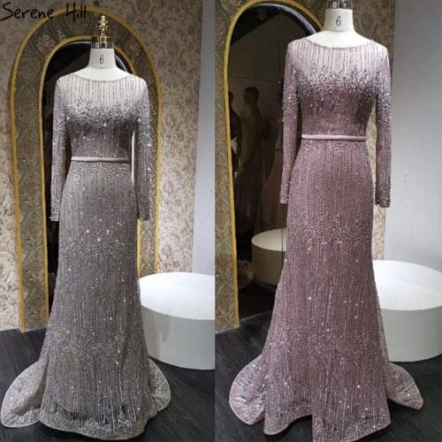 Silver A-Line Luxury O-Neck Evening Dresses Gowns for Women Sparkle Long Sleeves Beading Formal BLA70665