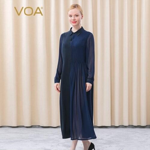 VOA Silk Navy Blue Heavy 30m/m POLO Collar Georgette Long Sleeve Asymmetric Bump Splicing One-piece Dress AE716 Women Clothes