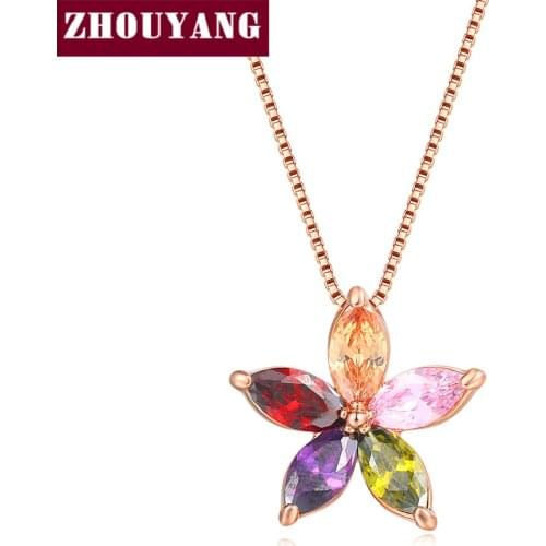 ZHOUYANG Top Quality Concise Flower Rose Gold Color Fashion Pendant Jewelry Sakura Made with Austria Crystal N406