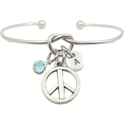 Peace Sign Creative Initial Letter Monogram Birthstone Adjustable Bracelet Fashion Jewelry Women Gift Pendant
