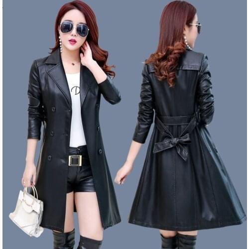 2020 Autumn New Women Long Leather Jacket Slim Plus Size 6XL With Belt Motorcycle PU Leather Long Jacket Coat Leather Trench 349