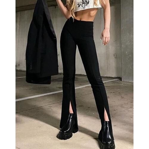 New Womens High Waist Pencil Trousers Ladies High Waist Zipper Split Bodycon Slim Fit Casual Pants Black
