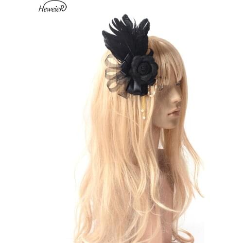 Black Fascinator Hat Birdcage Rose Netting Feathers Chains Hair Clip Cocktail Ascot Brooch Wedding Headwear