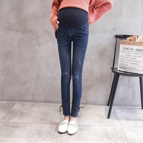 Rope stretch elastic maternity pants maternity wear casual pants stomach lift pants hole stretch stomach lift denim pants
