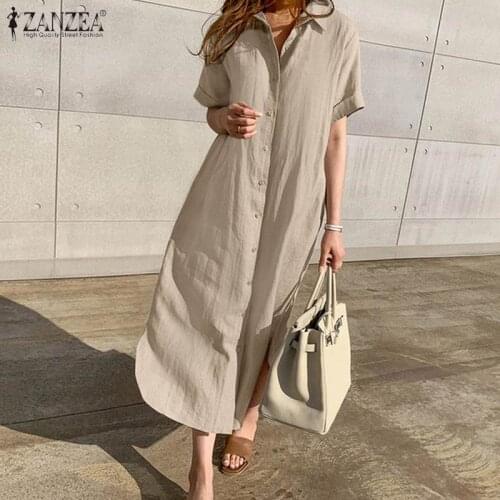 Elegant Solid Shirt Dress Womens Summer Sundress ZANZEA 2021 Casual Short Sleeve Maxi Vestidos Female Lapel Button Robe Femme