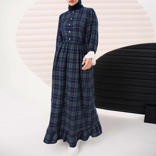 Kaftan Plaid Robe Casual Loose Dress ZANZEA Women Muslim Dresses Islamic Clothing Full Sleeve Morocco Abaya Hijab Long Dress